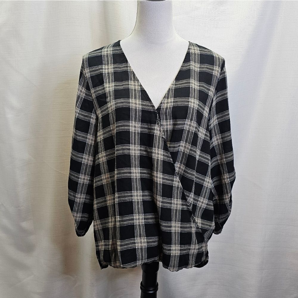 West Kei Black Plaid Surplice Faux Wrap Blouse Size XL
